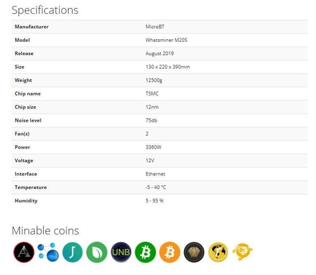 75db Microbt Whatsminer M21s 58t 3360W ইথারনেট ইন্টারফেস